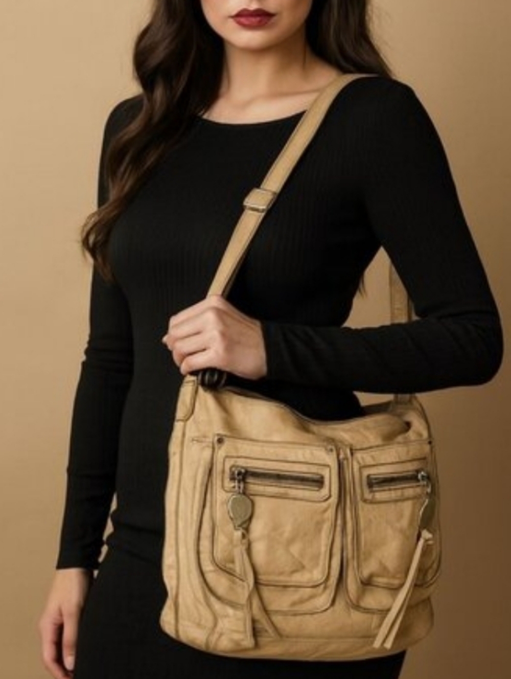 Juicy Couture Tan/Greige Leather Multi-Pocket Messenger Bag